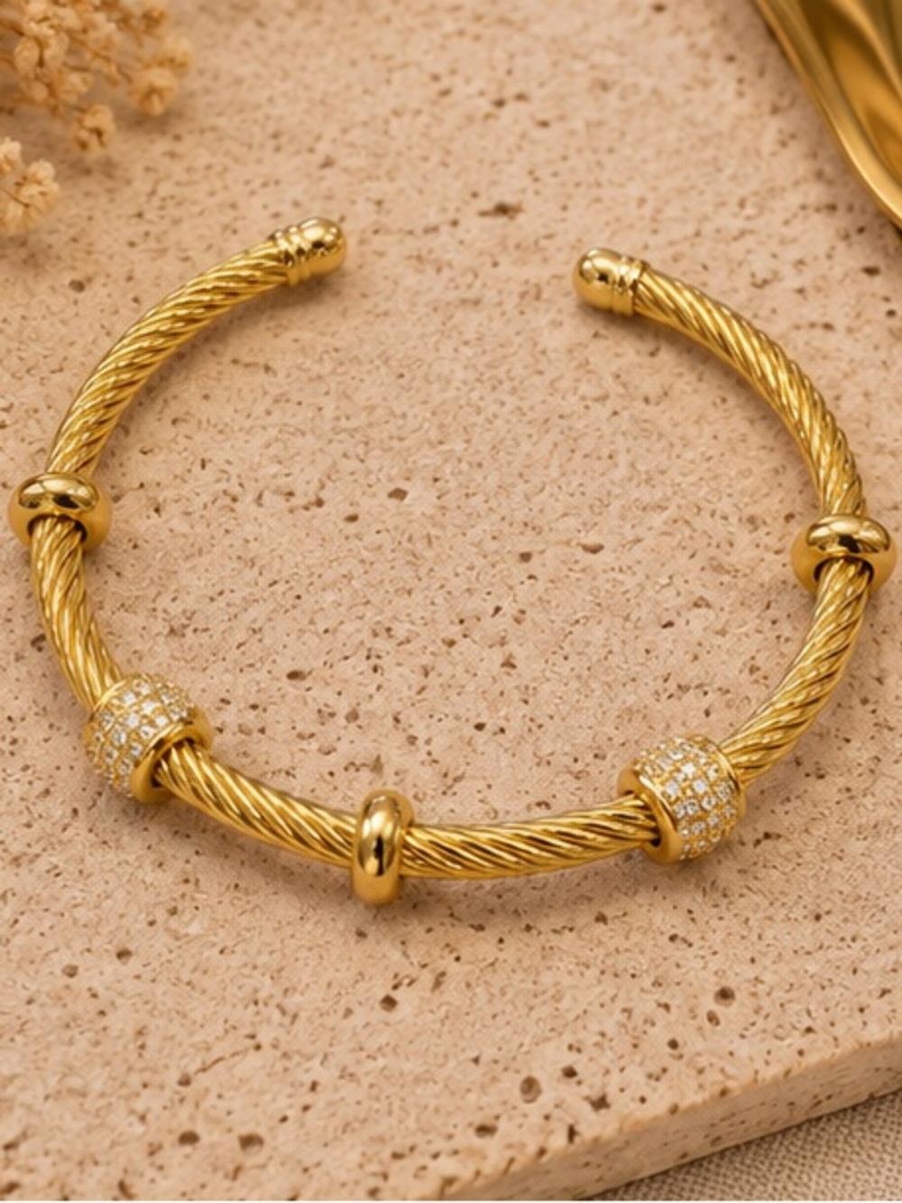 Luxe Gold Twisted Cable Cuff Bracelet with Pavé Rondelles